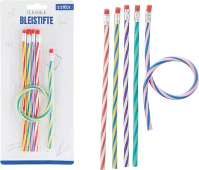Produktbild von Flexible Bleistifte biegsam 18cm mehrfarbig 5er Pack mit Radiergummi