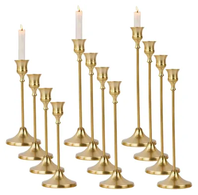 12 Kerzenhalter Gold, Stabkerzenhalter, 3 Höhen 23/19/15 cm