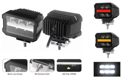 Zdjęcie produktu dla Uniwersalny reflektor halogenowy z diodami LED, białe światło z pomarańczowo-czerwonym światłem pozycyjnym, 12 V–24 V, znak E, do samochodów ciężarowych, ciągników,