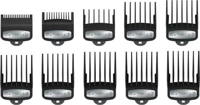 A set of Wahl hair clipper guards arranged in two rows on a white background.