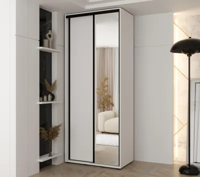 Zdjęcie produktu dla MINIO go for it, szafa VADO, 110x235,2x60 cm, 2 drzwi przesuwne (1 lustro), 6 półek, 2  metalowe drążki, stalowe uchwyty, biały matowy