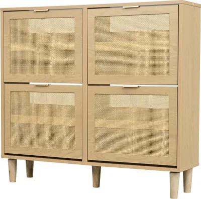 Produktbild von Schuhschrank mit 4 Klappschubladen Schuhkommode aus Rattan mit Metallgriffen Schuhregal Flurschrank Holzmoebel Landhausstil 100 x 25 x 90 cm