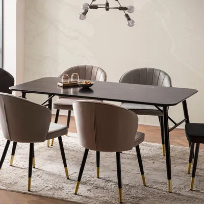 Image de FineBuy Table de salle à manger 140 cm, noire, aspect marbre, moderne, table de cuisine avec pieds en métal, table de salle à manger rectangulaire