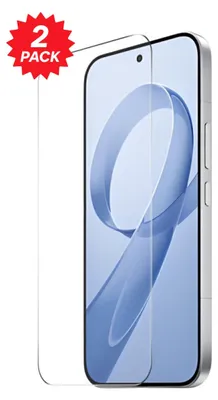 Two screen protectors are shown on a white background, with one partially covering a smartphone.
