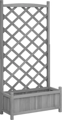 A grey wooden planter box with a trellis attached.