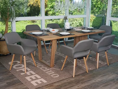Immagine prodotto di set di 6 sedie per sala da pranzo HWC-A50 II, sedia da cucina, design retrò anni '50 ~ ecopelle, grigio tortora, gambe chiare