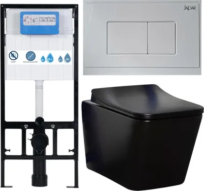 Produktbild von Domotechnika | Wc Set 3in1 - Toilettenschüssel 51,5x36x34cm - Schwarz Matt - Gestell 113x52x12cm - Spülrandlos