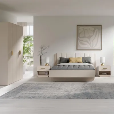 Produktbild von Schlafzimmer-Set mit 160x200 cm Bett, modern in Beige, 4-teilig - LOUSADA-166