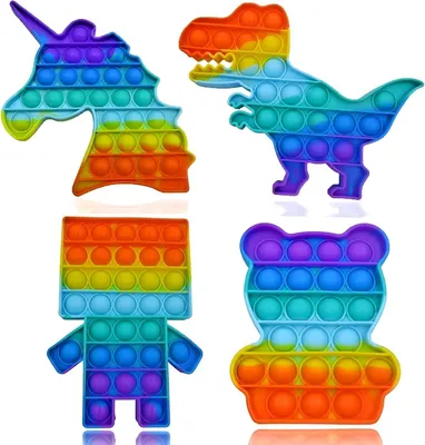Productafbeelding van Pop fidget toys - Set van 4 - Eenhoorn - Robot - Dinosaurus - Beer - Pop Rainbow sensorisch knijpspeelgoed voor kinderen