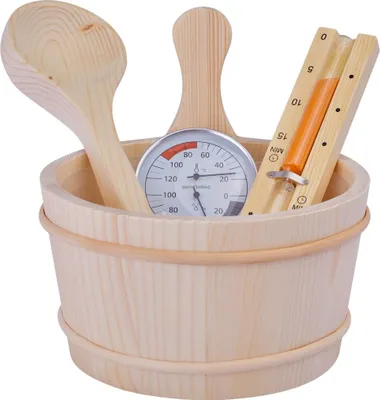 Produktbild von Harvia Saunazubehör Set BASIC 5-teilig Saunakübel Holzkelle Sanduhr Thermohygrometer