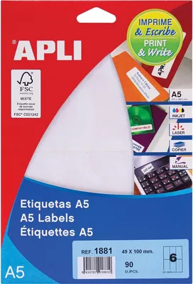 Produktbild von Apli – weiße Etiketten Print Write ft 49 x 100 mm (B x H), 90 Stück, 6 pro Blatt (1881)