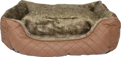 Produktbild von Pettimania Hundebett eckig Leder mit Fellbezug braun, Maße: 65 x 60 x 24 cm