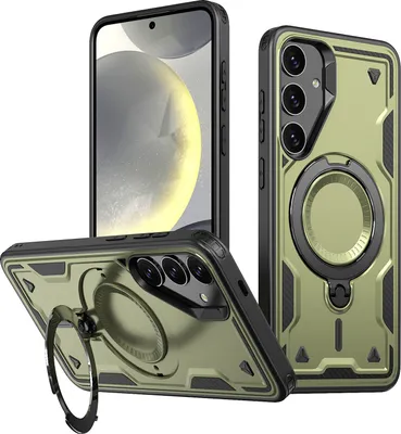 Produktbild von Dual Layer Hülle für Samsung Galaxy S25+ Metall Ring Ständer Magnetisch Stoßfest Militär Handyhülle Grün