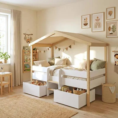 Produktbild von Hausbett PILOTI mit 2 Schubladen/ Kinderbett 90x200 - Weiß und naturfarben