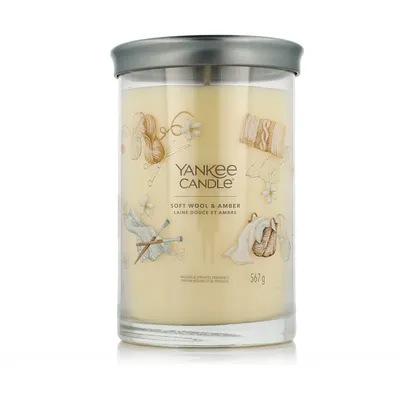 Productafbeelding van Yankee Candle Soft Wool & Amber, Rond, Wit, Heliotroop, Sandelhout, Amber, Jasmijn, Sinaasappel, Sinaasappel, Lelietjes-van-dalen, Vanille, Kasjmierhout..., 100 uur brandduur, 1 stuk