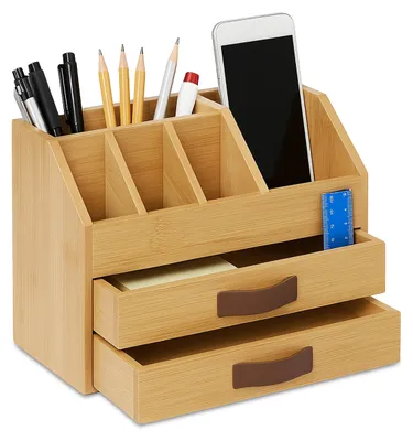 Schreibtisch-Organizer, Bambus, 2 Schubladen, 5 Fächer, 19x24x14 cm