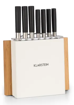 Produktbild von Klarstein Messerblock mit Messer, 7-Teiliges Messer-Set mit Block, Küchenmesser, Holz-Messerblock & Schneidebrett, Scharfes Edelstahl-Messerset, Kratzfest, Japanisch Inspiriertes Messerset mit Block