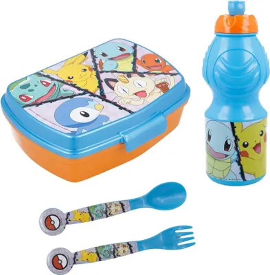 Produktbild von Pokemon Pikachu Kinder 4 teiliges Set Brotdose Trinkflasche Messer und Gabel