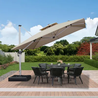 Produktbild von PURPLE LEAF Sonnenschirm 330 x 330 cm Ampelschirm Quadratischer Außenbereich Alu Doppelsonnenschirm 360° Rotation, Sonnenschutz UV50+, Beige