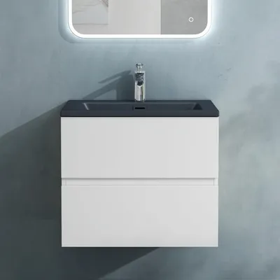 Image de doporro Meuble de Salle de Bain Suspendu Blanc Mat 60x48x50cm Ensemble de 2 Pièces Meuble avec Lavabo Gris Noir Mat Solid Surface Design Aqualis