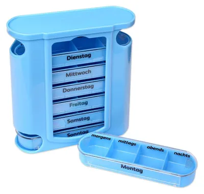 Produktbild von Schramm®Tablettenbox blau mit blauen Schiebern 7 Tage Pillen Tabletten Box Schachtel Tablettendose Pillendose Pillenbox Tablettenboxen Pillendosen Pillen Dose Wochendosierer
