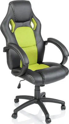 A black and green racing-style office chair with a white background.