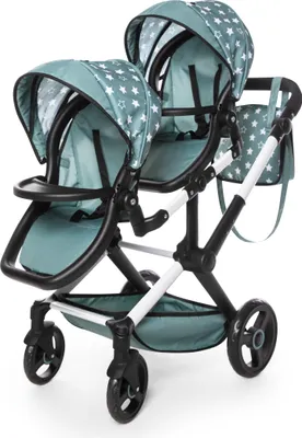 Produktbild von Bayer Design 26758AA Xeo Twin Zwillingspuppenwagen, Geschwisterwagen, höhenverstellbar, Tasche, grün, Sterne