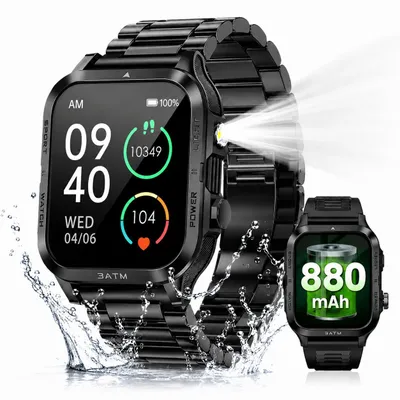 Produktbild von Herren Militär Smartwatch mit Telefonfunktion, Smartwatch (4,98 cm/1,96 Zoll) Outdoor Fitnessuhr mit LED-Taschenlampe, 100 Tage Standby