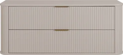 A front view of a two-drawer cabinet with a fluted design and gold handles.