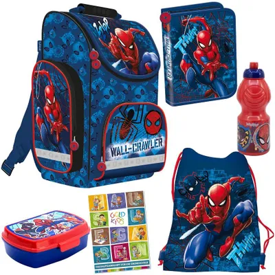 Produktbild von Set 6er Schulranzen Ranzen Tornister Federmappe Turnbeutel Turnsack Brotdose Trinkflasche Aufgabenheft für die Grundschule Marvel Spiderman Motiv