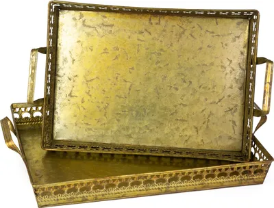 Immagine prodotto di set di 2 vassoi decorativi in metallo oro antico rettangolari con manici - Vassoio da portata in stile vintage 45×28,5×9 cm e 41×25×9 cm - Vassoio decorativo shabby chic in metallo
