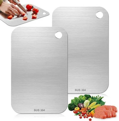 Obrázek produktu pro Ibenzoa® Sada dvou nerezových krájecích prkének, oboustranných, rozměrů 23,5 x 14,5 cm, vyrobená z nerezové oceli 304, bez BPA, antibakteriální a snadno se čistí