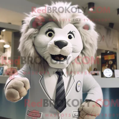 Productafbeelding van Mascottefiguur REDBROKOLY van een zilveren leeuw gekleed met een pak en dasspelden