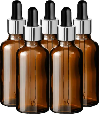 Produktbild von 5x Braune Glasflasche 50 ml mit silberner Aluminiumpipette leer 18/415