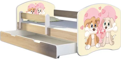 Produktbild von ACMA Jugendbett Kinderbett Junior-Bett Komplett-Set mit Matratze Lattenrost und Rausfallschutz Sonoma 12 Welpen 160x80 + Bettkasten