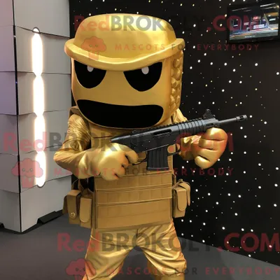 Productafbeelding van Mascot REDBROKOLY karakter van een gouden sluipschutter gekleed met een tanktop en riemen