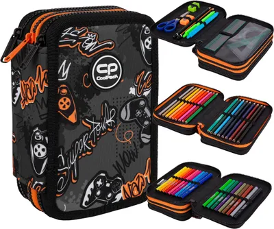Produktbild von CoolPack XXL Federtasche, federmäppchen Junge, Federmappe Federmäppchen groß 44-teilig mit Aufnäher gefüllte Schüleretui 3-stöckig Motiv: GAMER