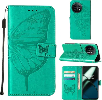 Produktbild von Lederhülle für OnePlus 11 Schmetterling Prägung Flip Ledertasche Kartenfächer Handyhülle mit Ständer Grün