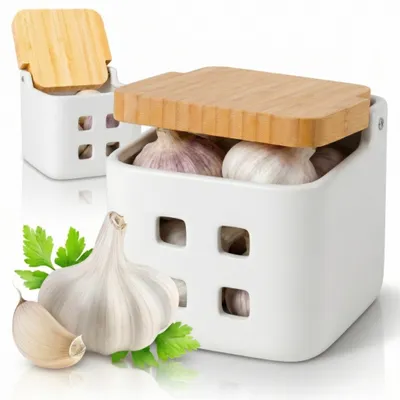 Knoblauchdose aus Keramik mit Bambusdeckel, 11,5 cm, weiß