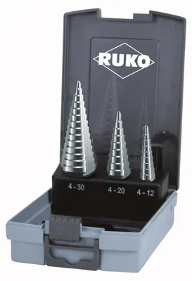 Immagine prodotto di RUKO Set di punte a gradino HSS con 3 taglienti nelle misure 0/9, 1, 2 in confezione di plastica - 3 pezzi - 101326RO