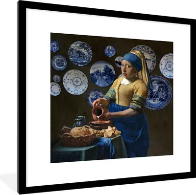 Produktbild von MuchoWow® Gerahmtes Poster Milchmädchen - Das Mädchen mit dem Perlenohrring - Vermeer 40x40 cm - Poster mit Schwarzem Bilderrahmen Wandposter Rahmen Foto Bilder - Poster - Plakat im Rahmen