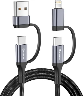 Immagine prodotto di SWISSTEN Cavo di ricarica 4-in-1 1,5M USB-C, USB-A e Lightning 60W Nero
