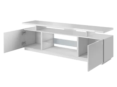 A white TV lowboard with open doors and shelves, shown against a white background.