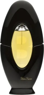 A perfume bottle with a black, oval-shaped casing and a yellow liquid inside.