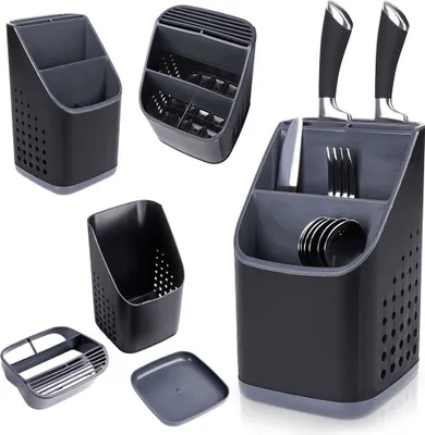 A collage of different kitchen utensil holders and organizers.