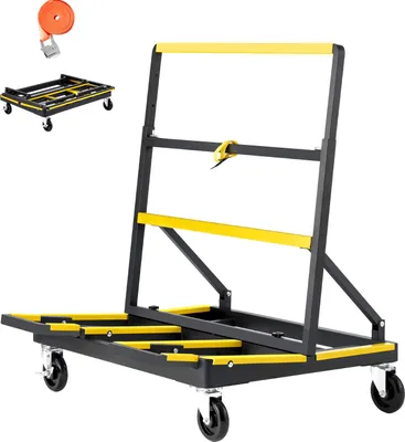 Zdjęcie produktu dla Wózek do paneli SucceBuy o nośności 816 kg, pomoc w transporcie z 4 kółkami skrętnymi i wysuwaną powierzchnią ładunkową, składany wózek z pasem mocującym do transportu sklejki, płyt gipsowo-kartonowych i szkła
