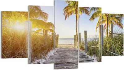 Produktbild von Bild auf Leinwand - Leinwandbild - 5 Teile - Strand Palmen Fußgängerbrücke - 160x85cm - Wand Bild - Wanddeko - Wandbilder - Leinwanddruck - Bilder - Wanddekoration - Leinwand bilder - EA160x85-4171