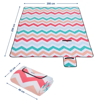 Zdjęcie produktu dla Koc piknikowy XXL 200 x 200 cm dla 4-6 osób z uchwytem do przenoszenia ocieplany polarem wodoodporny SONGMICS różowo-zielono-biały GCM70KW