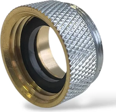 A close-up studio shot of a brass and silver adapter fitting with a black rubber seal.
