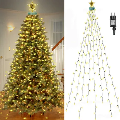 A split image showing a decorated Christmas tree on the left and a close-up of the string lights on the right.